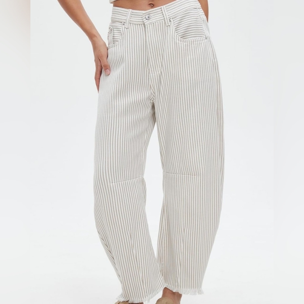 Womens Striped Wide Leg Barrel Jeans Size M High Waist Frayed Hem Tan White